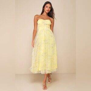 Lulus NWT Perfect Whimsy Yellow Floral Mesh Strapless Midi Prom Dress Size M